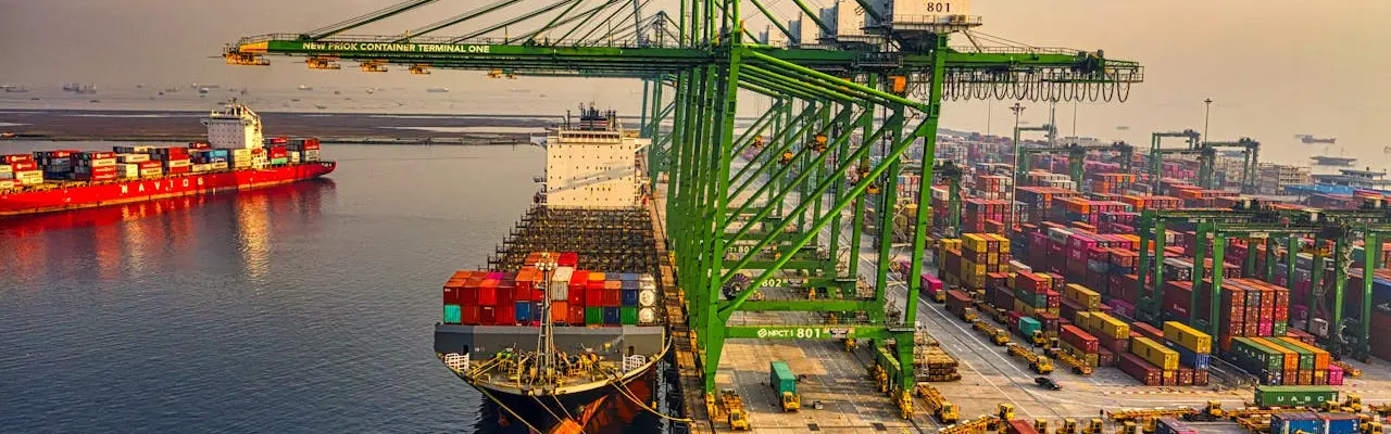 cargo ships in a port, some containers are also found in the harbor.
