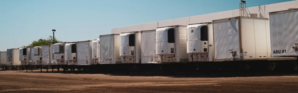 several refrigerated trucks parked