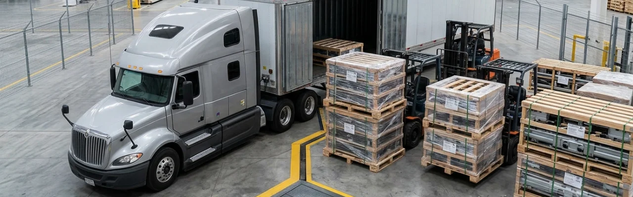 un camión en un hangar, se ven algunas estibas apiladas