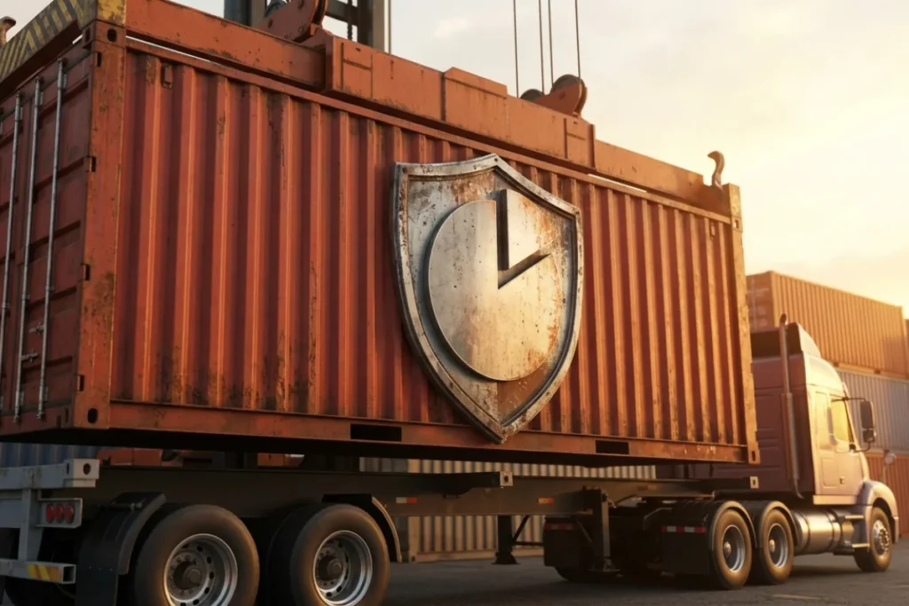 Rear side view of a truck. Containers can be seen in the background.