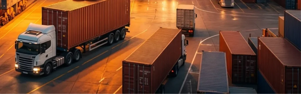 trucks on a street at night
