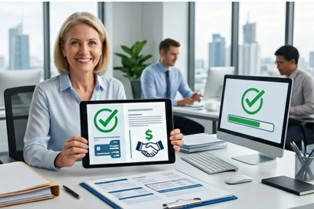 In the background, you can see two men; one is sitting in front of a computer. In the foreground, there is a woman at a desk with a computer on it; she is holding up a tablet displaying an image.