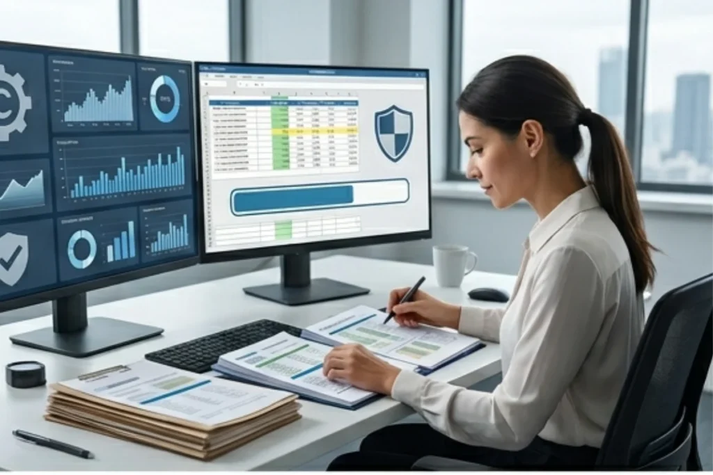 A woman in an office writing on some papers. There are two monitors on the desk where she is sitting.
