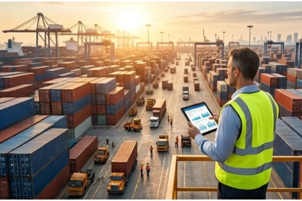 A man operating a tablet while monitoring the containers. Trucks and more staff can be seen on the floor below.