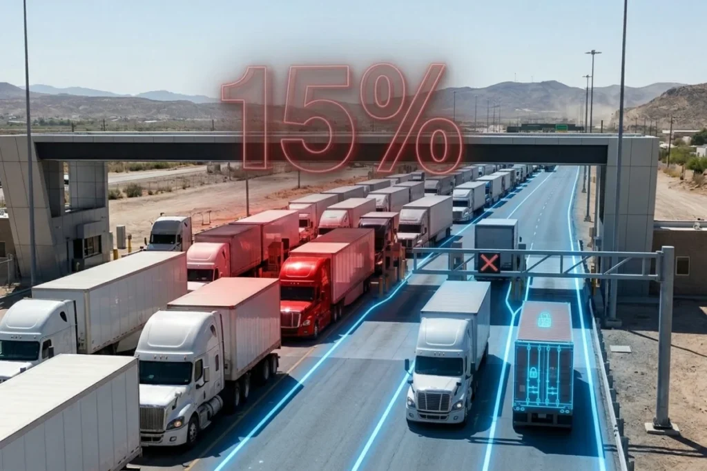A line of several trucks in one direction. In the other direction, the road is almost empty.